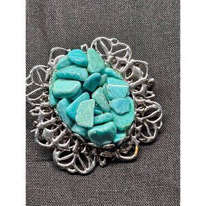 Vintage Silver-Tone Filigree Brooch With Aqua Turquoise Stone Chips Oval Design